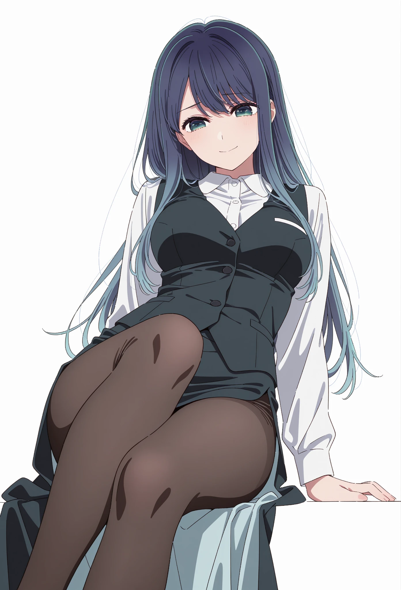 Ultra-realistic 8K CG masterpiece、finely detail、delicate patterns、Detailed face, eyes closed、Miwa Kasumi、lightblue hair、length hair、bluntbangs、middlebreasts、Suits、Black jacket、Open jacket、Black tie、White shirt、Black pants、Black Sword、full body Esbian、cowboy sy pose, asleep,deep sleep,both eyes closed, sitting