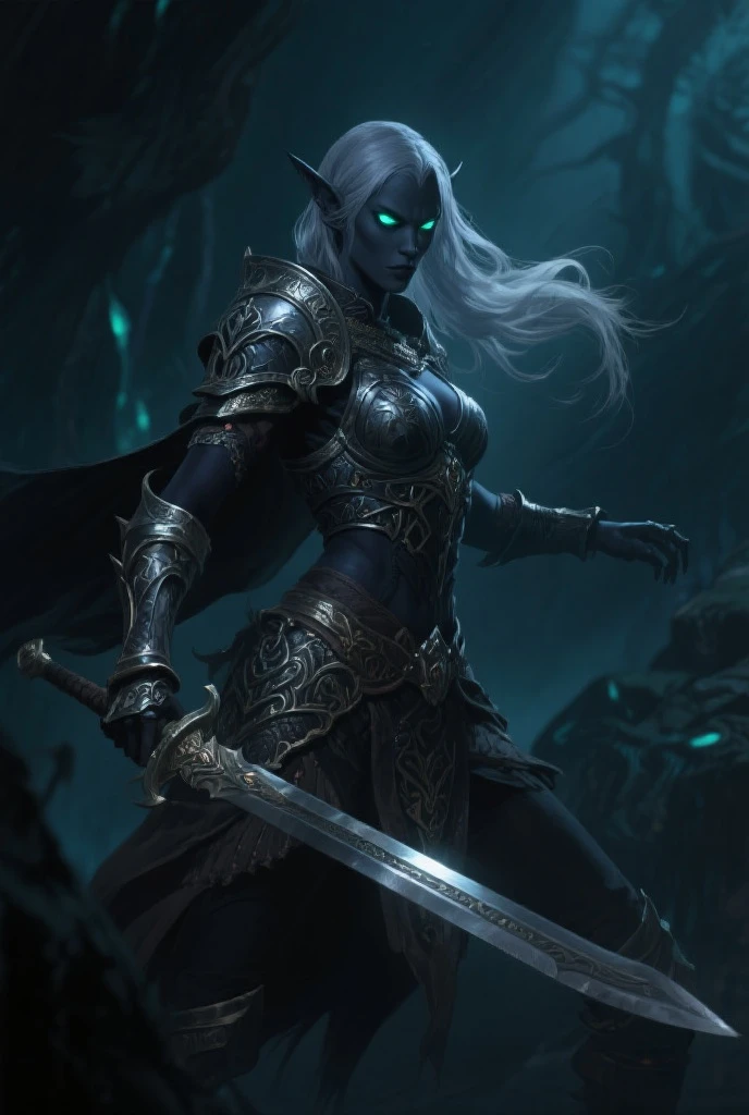 (high quality), dark, (fantasy), (1 person), (drow elf), (beautiful face:1.2), (model:1.2), (skimpy armor:1.1), holding a (halberd:1.3), (orgasmic expression:1.1), (looking directly at viewer), (underground ruins background:1.2), (ominous shadows), (large breats:1.4), (8k), (unreal engine), (bust shot), (mid shot photo)