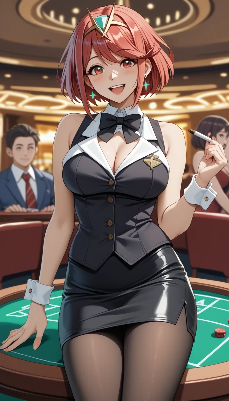 NSFW,masterpiece,Highest quality,High resolution,Very detailed,Madoka Higuchi\(The Idolmaster Shiny Colors\),short hair、Brown Hair、Purple Eyes、hairpin,(See-Through Vinyl Playboy Bunny),See-through leotard,tray,Condom box,Adult goods,Lustful face,Embarrassed,blush,casino,(Middle-aged men),Molester,(sexual harassment)