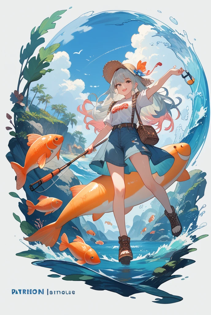 ((Melhor qualidade)), monster, rpg, fantasia, d&d, dia, diurno, sol, praia, pescando, pescaria, garota forte, garota bonita, peixe.