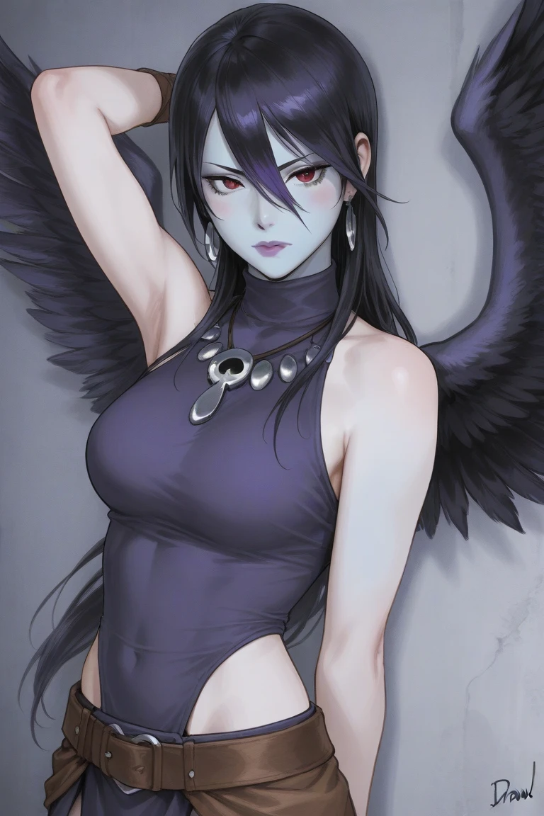 TheSpirit ,((blue skin)),green eyes, solo, blush, embarrassed, SpiScho, black Long hair,(insanely detailed, beautiful detailed face, masterpiece, best quality), small breast, black stockings, wide hip, huge hip, thighhighs, micro skirt, crop top, underboobs