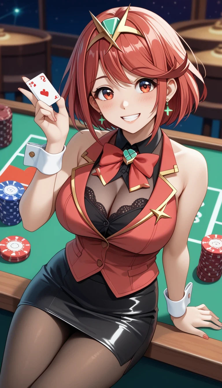 score_9, score_8_up, score_7_up, source_anime top quality、8k、masterpiece、natural light、high accuracy、perfect anatomy、One woman、medium chest、saggy breasts:1.5、(pyra)、( Happy Expression 、fun expression、The highlight in my eyes)、red hair, short hair, swept bangs, bob cut, red eyes, tiara, earrings, casinoディーラー、bow tie、cuffs、(Cleavage), sleeveless, see through、tight pencil skirt、pantyhose、(casino)、taken from above