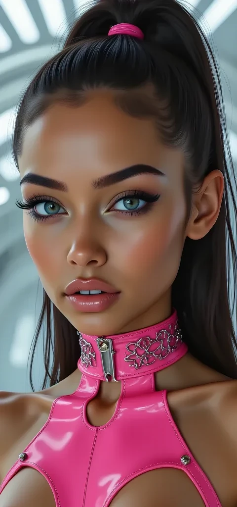 (((ultra realistic))) Photo, masterpiece, top quality, (Pale skin), (Ultra detailed face and eyes.:1.3), 1 girl, adult, on a t-shirt, ((eye makeup, mask)), (big detailed lips), ((rosa hair in a ponytail)), ((Chiolka)) , (natural breasts), Thin waist. ((Posing)), Photoshoot, studio (Soft lighting), (The game of lights and shadows), depth of field, bokeh, (Special attention to leather details.: 1.2), detailed leather texture, skin pores. (Warm frame environment.. Color range: violet, rosa, blue tones), DR, ((film grain)), ((good heavens)), (Glare), ((Photo to the waist, view from above)) , ultra detialed, 