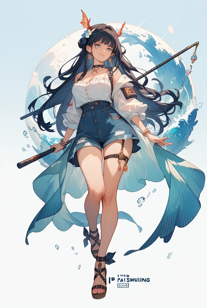 Ultra-high definition 2D art, close-up (1 woman), light blue hair, 2D animation style, soft and delicate depiction, attention also on her full-body tattoos (full-body art), landscape mode, masterpieces by Guweiz and James Jean, tattoo expert designs by CGSCOSITY, etc. A beautiful blue-haired girl who became a hot topic at the trend art station of Japan.