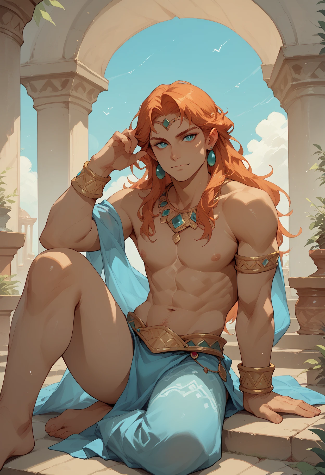 green eyes, red curly hair, long hair, shoulder length hair, naked body, beautiful eyes, blush, egyptian, penis, athletic body, male, nude, solo, rhone tattoo, tattooed body, full body tattoo, viking rune tattoo, anime, non muscular,