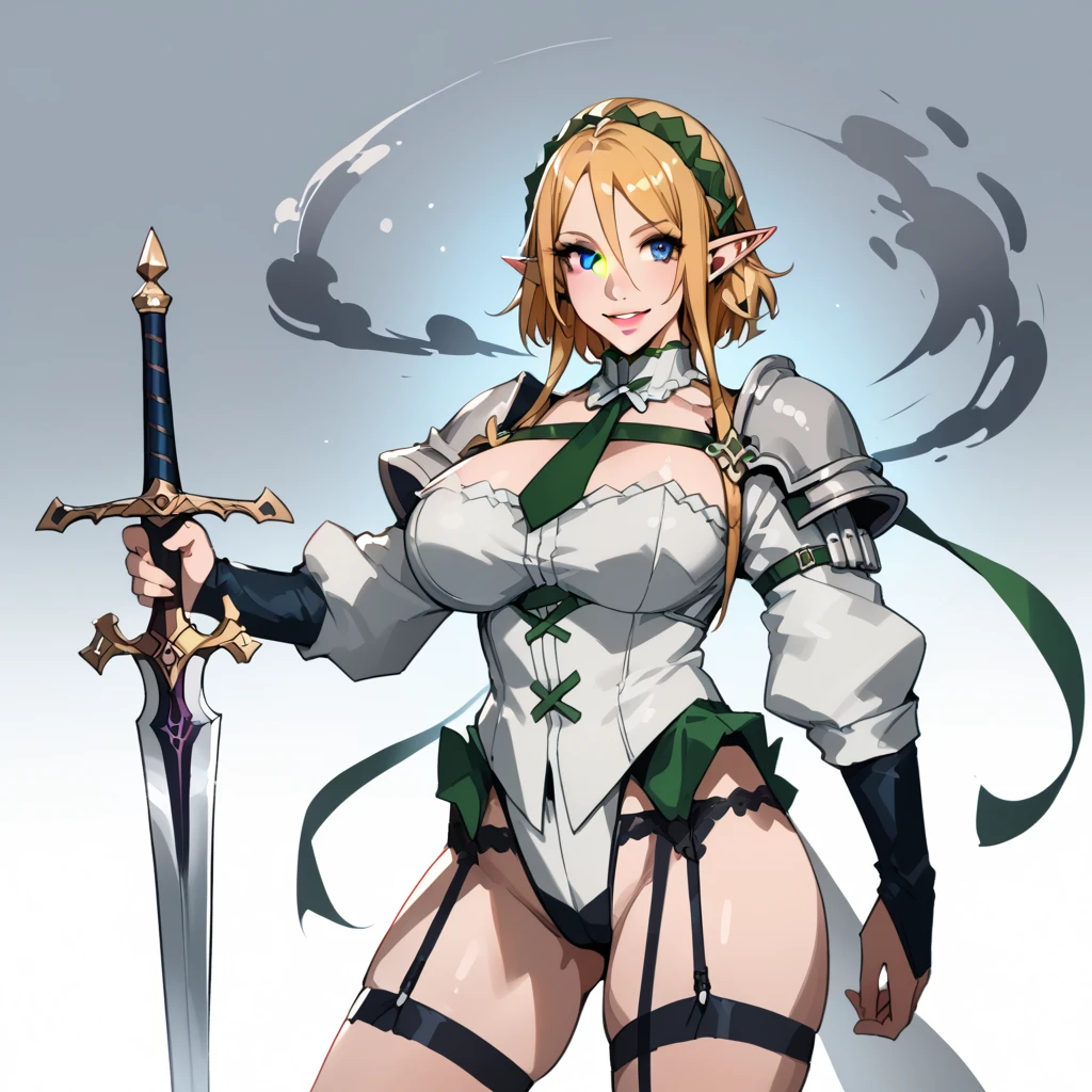 LeinaQuiron woman, 1girl, solo, breasts, blush, blue eyes, blonde hair, large breasts, cleavage, braid, hairband, armor, twin braids, side braid, short hair with long locks, buckle, shield BREAK (masterpiece, best quality:1.3), 4k, ultra-detailed, trending in pixiv, detailed background, detailed eyes, BREAK (in the forest, dappled sunlight, scenery:1.4), BREAK (cowboy shot, standing:1.3), looking ar viewer, expressionless, (sweat, shiny skin:1.3)