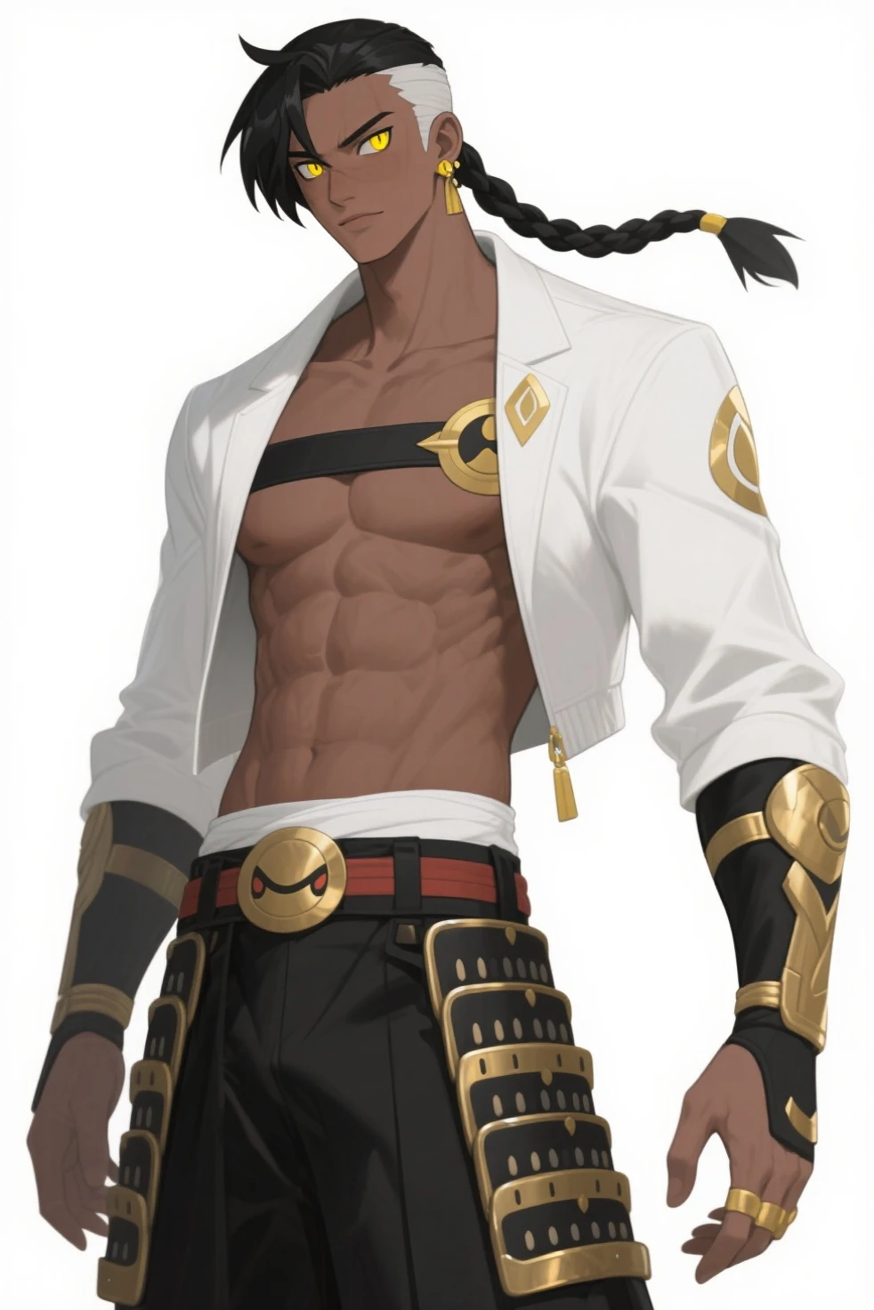 (((Aztec God))), (((Tezcatlipoca))), (((darkest skin))), (((black skin))), (((best quality))), ((masterpiece)), (detailed), perfect face, male, mayan male, black hair, black skin, yellow horizontal painted stripe over eyes, yellow horizontal painted stripe over mouth area, golden armbands on upper arms, toned body, colorful loincloth, detailed key anime art, detailed key concept art, young adult male, green eyes, feather headdress, dark skin, quetzal feathers, oenelli, long hair tied up in a high ponytail, is only wearing a loincloth, toned chest, exposed chest, exposed arms, exposed torso, dark skin, black skin, painted black skin, exposed shoulders, almost naked, half naked, yellow and black facepaint, ((detailed eyes)), long hair, jade nose ring, ear gauges made of jade