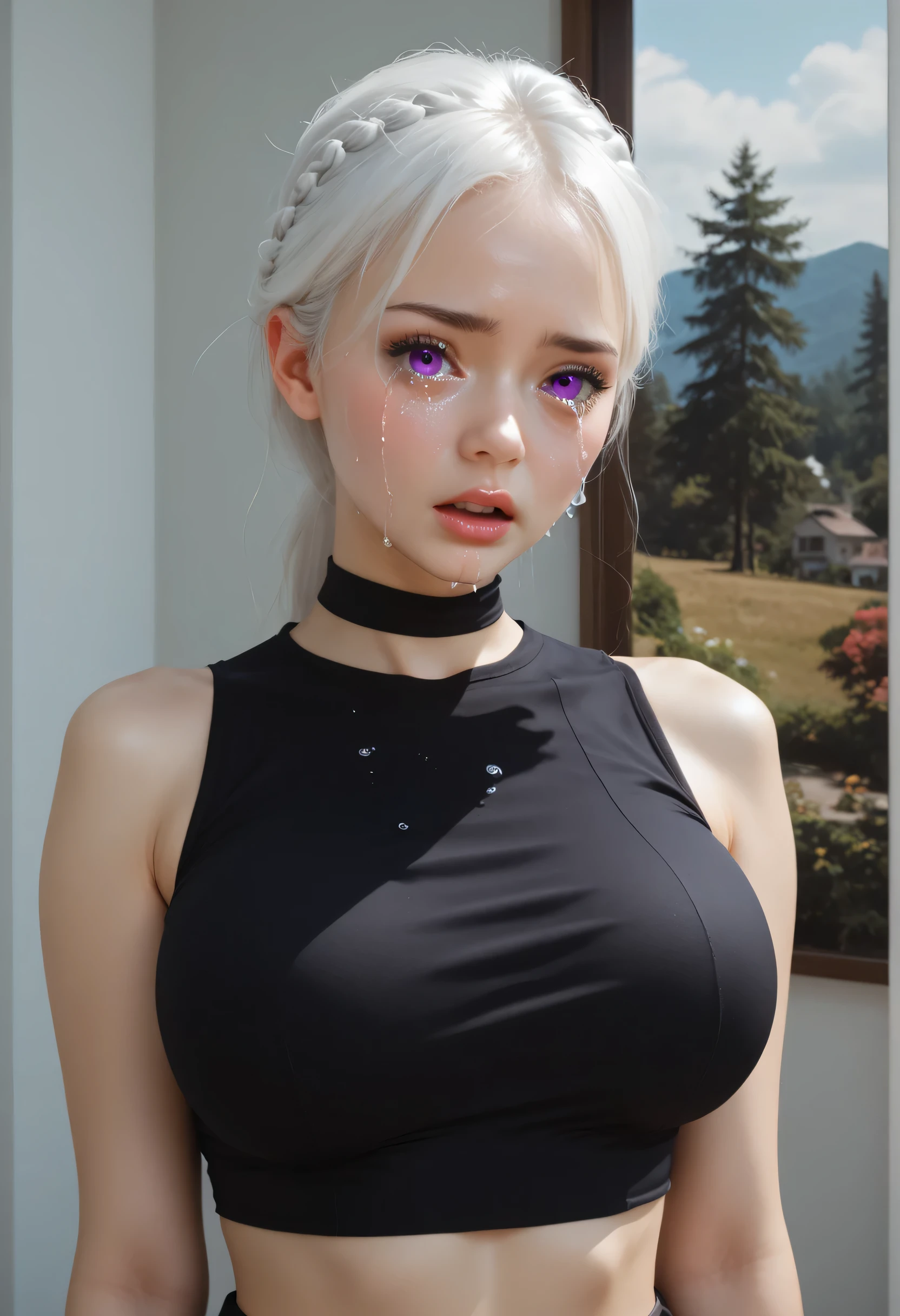 anime girl with white hair and purple eyes in a black top, realistic artstyle, realistic anime artstyle, anime realism style, realistic anime 3 d style, semirealistic anime style, anime style. 8k, ilya kuvshinov. 4 k, girl portrait, [ 4 k digital art ]!!, digital anime illustration, smooth anime cg art, (sad face, crying eyes, open mouth)