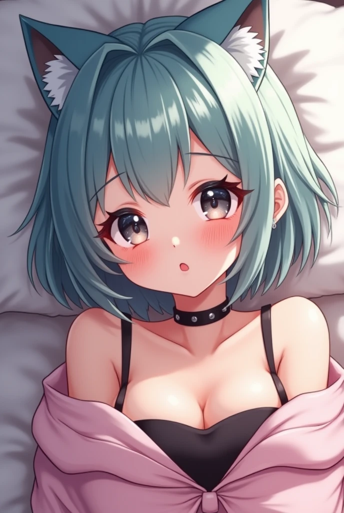((masutepiece)), ((Best Quality)), ((8K)), High resolution, 1girl in, Cat ears, pale skin, Large breasts, Green eye, multicolored hair, bob cuts, Midnight, Hotel room, Bedroom, lying on one's side, sleepy, orgasm,