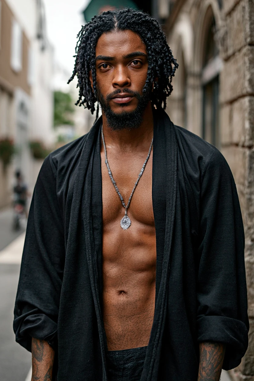 African american man with goat beard and black hair a broken nose small dark eyes roman nose