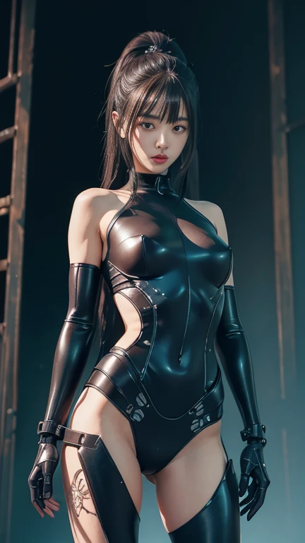 masterpiece、((Dark blue leotard covering the whole body))、 ((a beauty girl))、White Silver Sacred Robe、I don't have both arms.、Metal Chest Protector、Mechanized body、Mechanized chest and abdomen、Mechanized occipital、Mechanized legs、Mechanical joints、Black metallic suit tight to the body、is standing、Tied up、Metal Robot、((Cyberpunk background))、(Neon light)、(Background of the machine shop of the future)、Cyberdyne、Artificial bodies、All-metal body、Ironwork、Abdominal mechanism、((Robotic Arms and Hands))、((Robot legs))、((Cervical part of the machine))、Inside the spaceship、a beauty girl、sixteen years old、Asian Beauty, (Abdomen exposes actuators and cables)、From the neck down is the body of a metal robot、Complex 3d rendering beautiful porcelain profile super detailed female android face、cyborgs、roboticparts、150mm、beautiful studio soft light、Rim Lights、vibrant detail、luxuriouscyberpunk、Ren Hao、surrealistic、Anatomical、face muscles、cable electric wires、microchips、elegent、beatiful backgrounds、octan render、HR Giger Style、8K、top-quality、masterpiece、illustratio、extremely delicate and beautiful、 extremely details CG、Unity、wall-paper、(realisitic、Photorealsitic:1.37)、astonishing、detaile、masterpiece、best qualtiy、Official art、Highly detailed CG Unity 8k wallpaper、absurderes、incredibly absurdness、、机器人、Silver Halmet、full body Esbian、sitting on