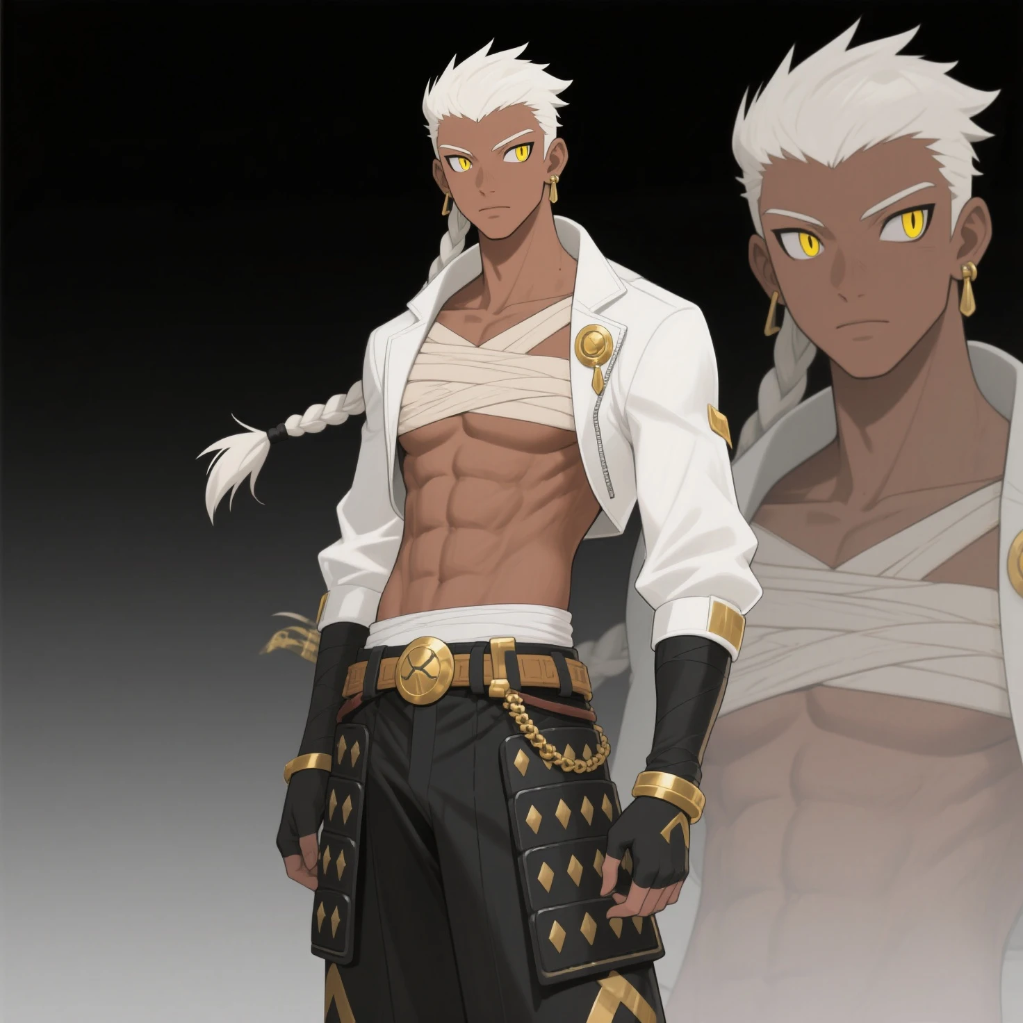 homem africano, pele negra, cara feliz, cabelo branco curto e selvagem, sem camisa, shorts longos, White lion cloak DETAILED, lion hood