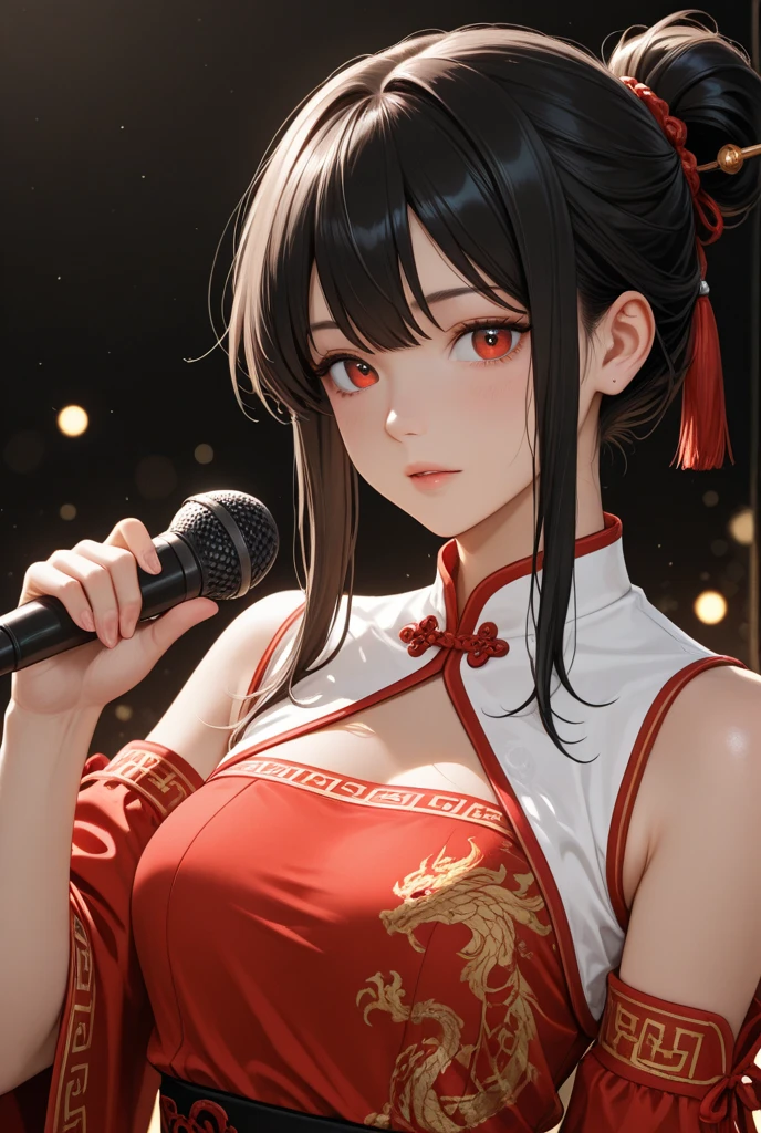 masterpiece, best quality, highly detailed, high resolution, expensive resolution, high resolution, 4k, 8k, Unity 8k wallpaper, highly detailed CG, masterpiece, 2d, 3d, beautiful details, depth, fine texture, best quality: 1.3, perfect focus, crispy skin, he, very cute anime girl, beautiful and cute girl in band playing bass guitar and singing in band wearing Japanese fancy patterned haori hakama on outdoor stage, full body, expensive black hair with pink inner short twin tail hair, mole under eye, looking at the viewer, expensive, blush, mole, open lips, , heart shaped choker, pink eyes, bass guitar, vocals, stage, outdoor festival stage