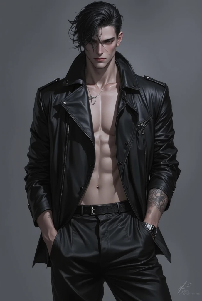 A highly detailed anime-style illustration of a confident, young man with short black hair and light brown skin. He has visible scars across his arms and face, adding a rugged and experienced look. He wears a black leather jacket with torn sleeves, dark jeans, and robust boots. Accessories include leather bracelets and a few chains. His expression is determined and intense, with a slight smirk on his lips. The background is minimal, focusing on the character's intricate details and tough appearance.