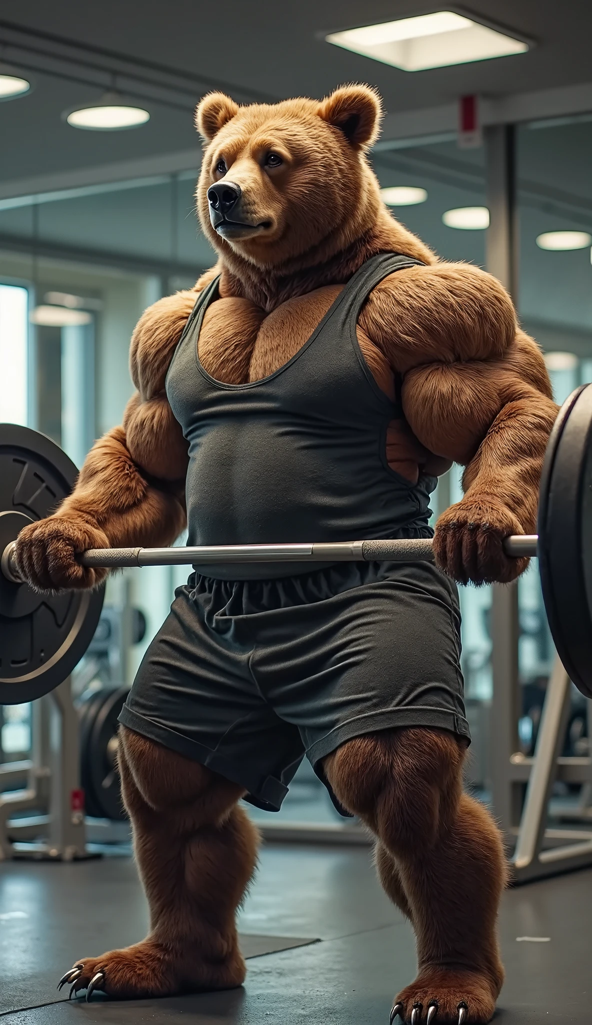 Solo, Grizzly Bear, Huge muscular bodybuilder, black tank top, black gym shoes, pumping iron, (super strong, muscular and pumped) (duo:1.1) (looking at the viewers, serious expression baby)