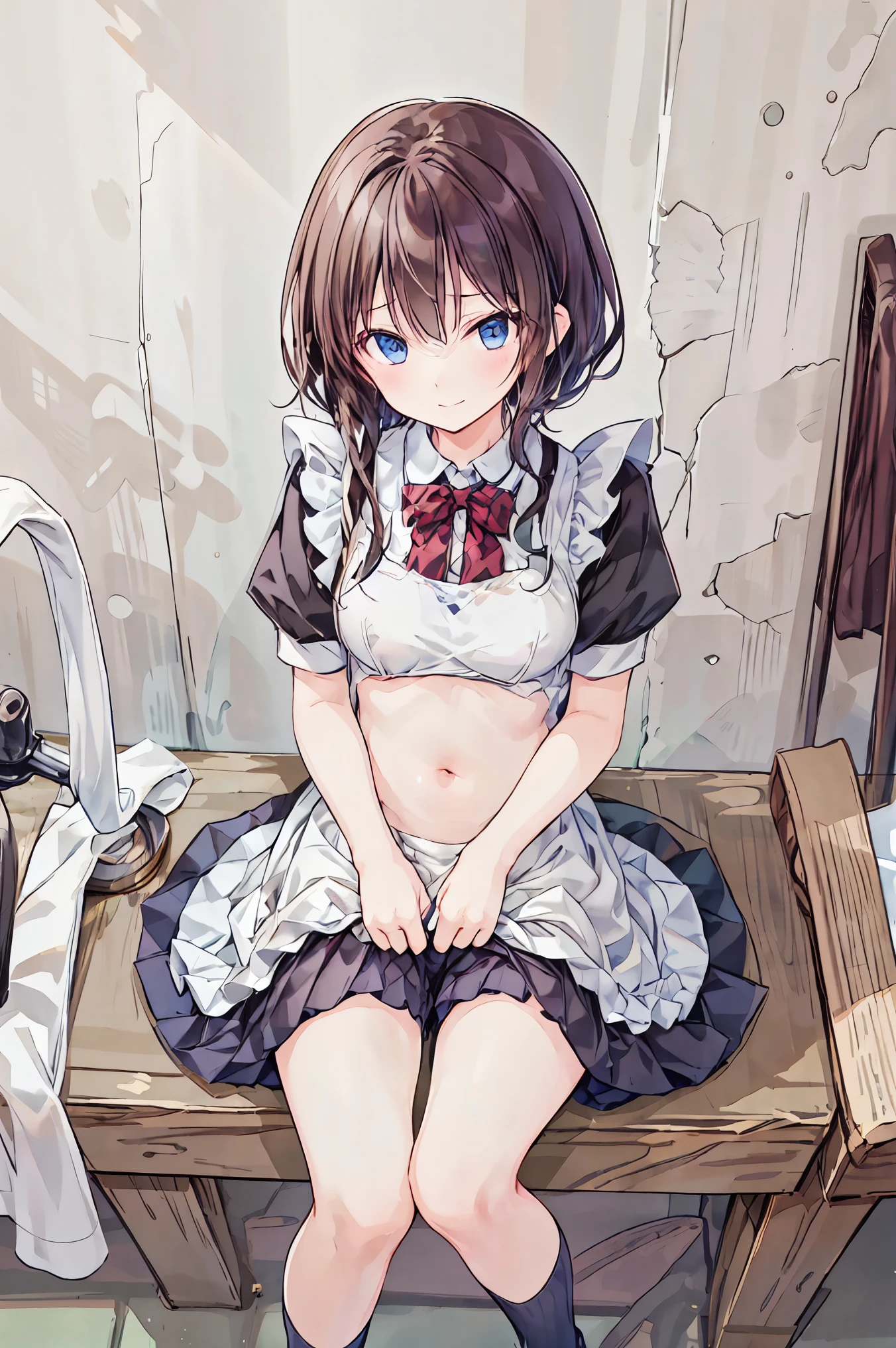 1 girl、maid、is sitting、frill socks、from below、 Ashikiri、embarrassing、 Bicycle shorts、puffy lips、toeless legwear、Cross Race Legwear、masterpiece、Highest Quality、 Hair,shortcuts,unkempt hair,Short braided hair,Neat, slender beautiful woman, correct posture,Small chest,beautiful leg,captivating grey-blue eyes shine like stars,droopy eyes,bright colors,beautiful eyes on my stomach,A delicate smile,Textured Skin,best quality, gentle and beautiful woman ,anime style、((from above:1.2)),