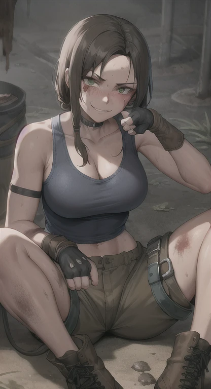 score_9, score_8_up, score_7_up, source_anime, 1girl, solo, fio germi, brown eyes, brown hair, short ponytail. round eyewear, round glasses, baseball cap, brown headwear, large breasts, crop top, crop top overhang, brown vest, open vest, sleeveless, short shorts, brown shorts, belt, side cutout, brown footwear, boots, burnt clothes, torn clothes, injury, bruise, panties, panty peek, midriff, navel, knee pads, thick thighs, sitting, wariza, leaning back, arm support, looking at viewer, sweat, open mouth, smile, v, <lora: FioGermi_for_pony:0.6>
