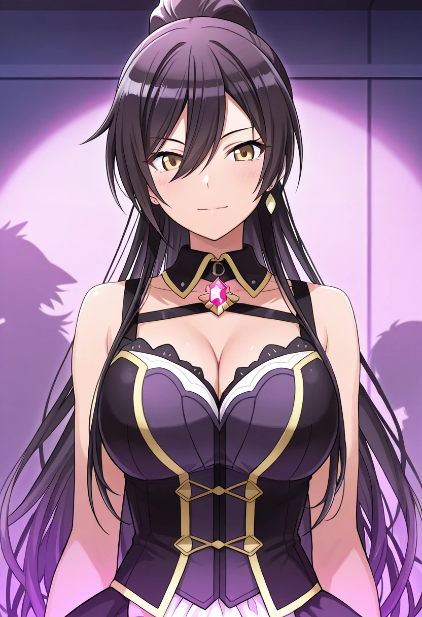 masterpiece, best quality, 1 solo girl, black hair, purple eyes, long hair, medium breasts, sexy body and face, wavy hair, smile, black socks, brown bow, knee-highs, long sleeves, open bra, open panty, parted lips, pink pleated skirt, puffy long sleeves, purple shirt, pendant, bracelet, jewelry, earrings, butterfly hair ornament, book, lying at the bed, night sky, sexy pose, cowboy shots, detailed body, face, and eyes, sharp focus, vibrant, creative, dynamic, high definition, high resolution, 8k, (Upscale: R-ESRGAN 4x+ Anime6mage enchance:4x), voluptuous body, cinema lightning, dakimakura style, looking at the viewer, hairband