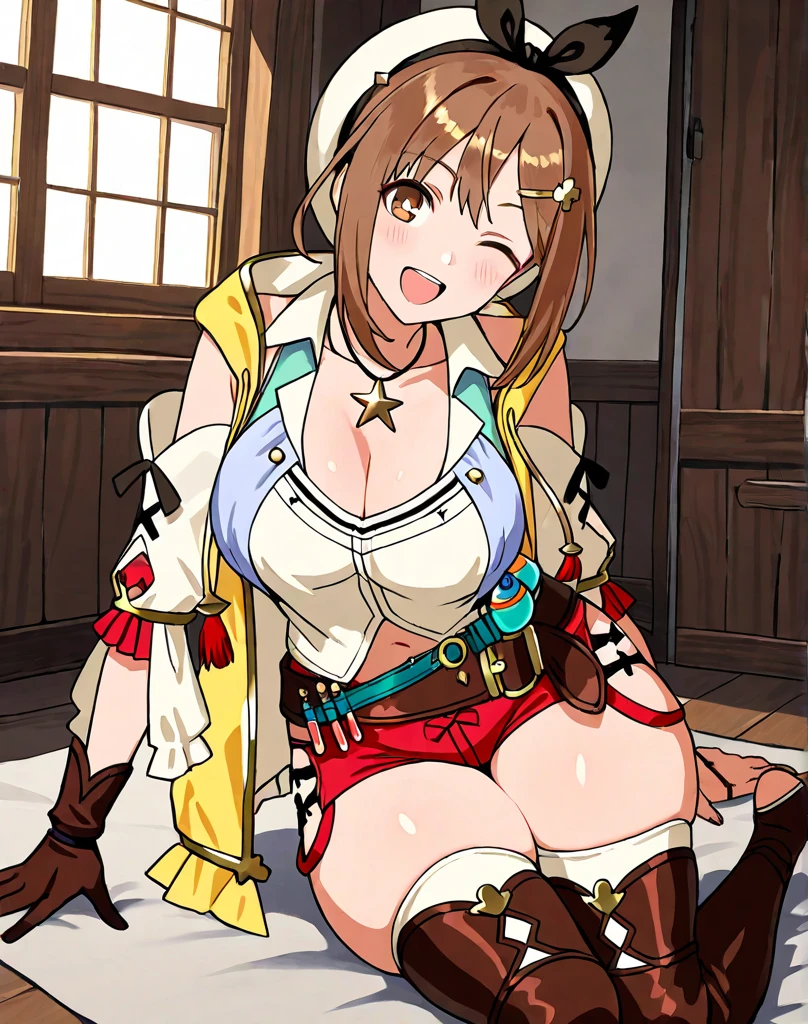 masterpiece,hentai anime character, I'm straddling a man's crotch, Ryza having intense cowgirl sex, (((Aggressive vaginal sex: 1.2))), favorite,Bounce and shake wildly,, 32K,Super detailed,Ultra-detailed,Big Breasts, Vibrant breasts, Short brown hair, shirt, Shorts, Red shorts, White Beret, Black knee socks, Ryza outfit, loungewear, {{A biological weapon that preyed on the sleeping Ryza and transformed into her appearance, Big  bouncing}}, Shake violently, Overall view, Town, NSFW