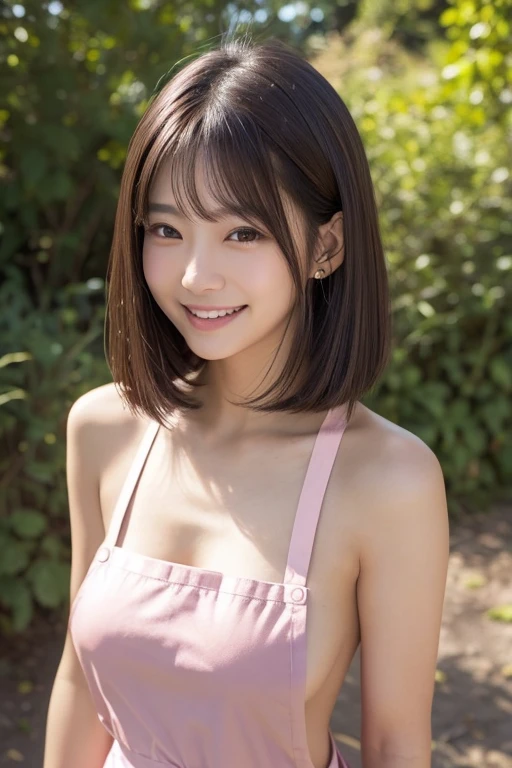 face closeup  , selfie , 8k, RAW Photos, Fujifilm, Analog style photo of beautiful 14 years old  woman Avril  In the pale pink rose garden (Highly detailed skin:1.2) Style - Petals Break
, Brown hair with colored stripes, Blunt bangs, Wearing a dark pink dress, Film Grain, 35mm, Cute Style,  close, huge shy smile , random cute pose
, closeup shot
