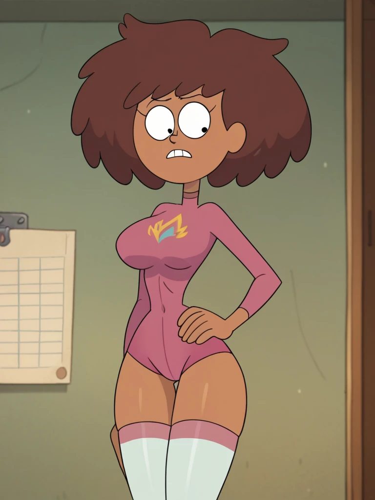 masterpiece, best quality, 1girl, solo, smile, short hair, dark skin, black eyes, double bun, makeup, glasses, lipstick, hands on hips, raincoat, flat torso, pussy, nude body, spread legs, cartoon proportion, skinny body , ass, anus,