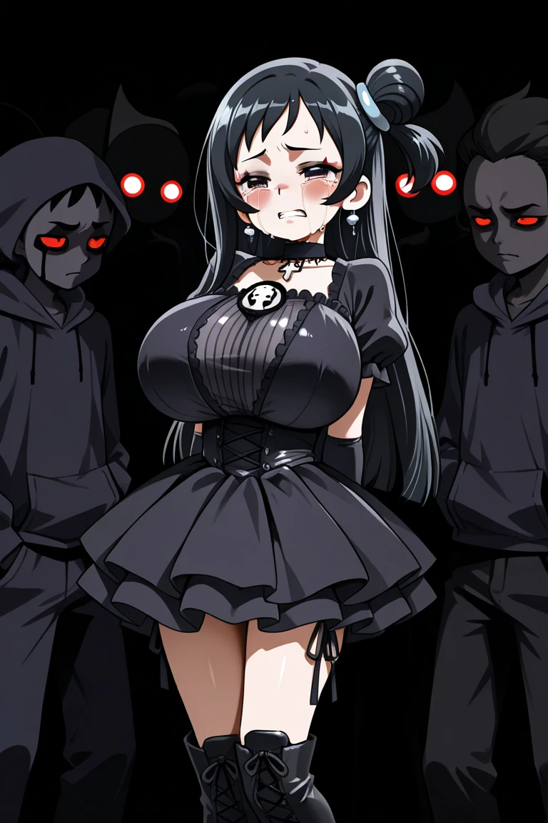 A girl surrounded by many zombies,Black tight suit,short hair,black hair,crying face,blush,panicked face,Inside the research facility