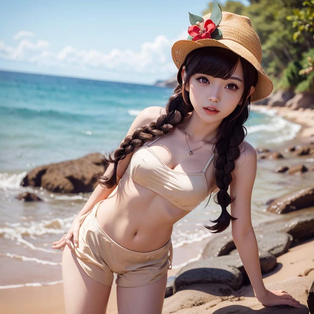 (Masterpiece), (Best Quality), (Ultra-detailed), (Full Body: 1.2) Teen Girl, Light and Detailed, Clear Smile, Full Body, Beautiful Hair, Beach, 16 yo, (((Bikini))), barefoot.