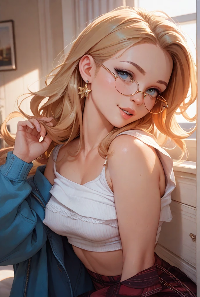 blonde woman with glasses and white tank top posing for a picture, with glasses, thick glasses, Anna Nikonova aka Newmilky, slight nerdy smile, glasses, girl with glasses, y girl, big glasses, blonde girl, nerdy glasses, beautiful girl blonde, cute and slightly nerdy smile, angelina stroganova, blonde swedish woman, with glasses on, cute woman, 4k, Comic Babes