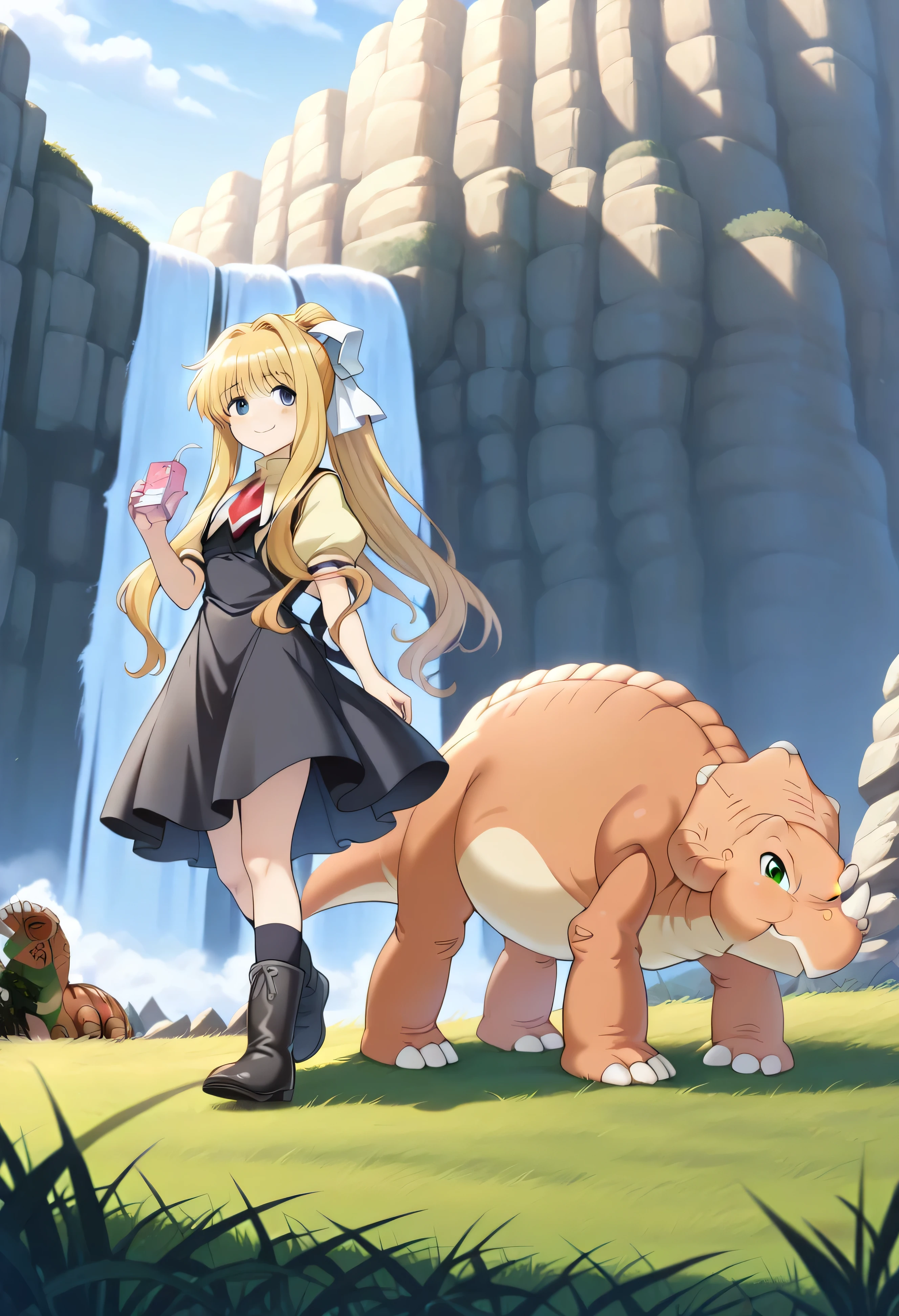 masterpiece, best quality, ultra detailed, hdr, 1girl, 1dinosaur, walking side by side, looking at each other, front view, smiling, full body, sunny valley scenario, daylight, grass, rocky waterfall, BREAK, 1girl, kamio misuzu, ((blue eyes, long hair, blonde hair, ponytail, white ribbon on hair, black dress, yellow shirt, red tie, extra long black socks, black boots, holding one pink juice box, detailed hands)), BREAK, CeralbtIL, 1dinosaur, ((half a person height, scalie, triceratops, dinosaur, quadrupede, hoof, scalie, green eyes))