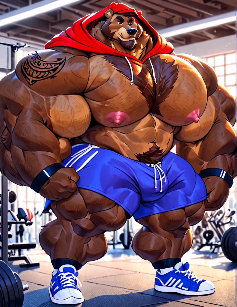 Solo, 1boy, huge muscular kodiak brown bear in big gym fitness center, big smirking, kodiak bear, huge brown fur, thick arms, huge arms, big fists, veins all over arms and chests, bald, big brown mustache and beard, (muscular, pectoral, wide pectoral, thick arms), HEIGHT: 220CM, WEIGHT: 370KG, belly with abs, gym sets, workout equipments, ring, punching bag, 8k, masterpiece, added cinnamon colored eyebrows, deatiled eyes with red pupils, (wearing black mixed martial arts shorts with red slits, black mixed martial art fingerless gloves with red pads, black toeless footwear tapes, shirtless and topless), punching and kicking techniques, bigger, harder, stronger.