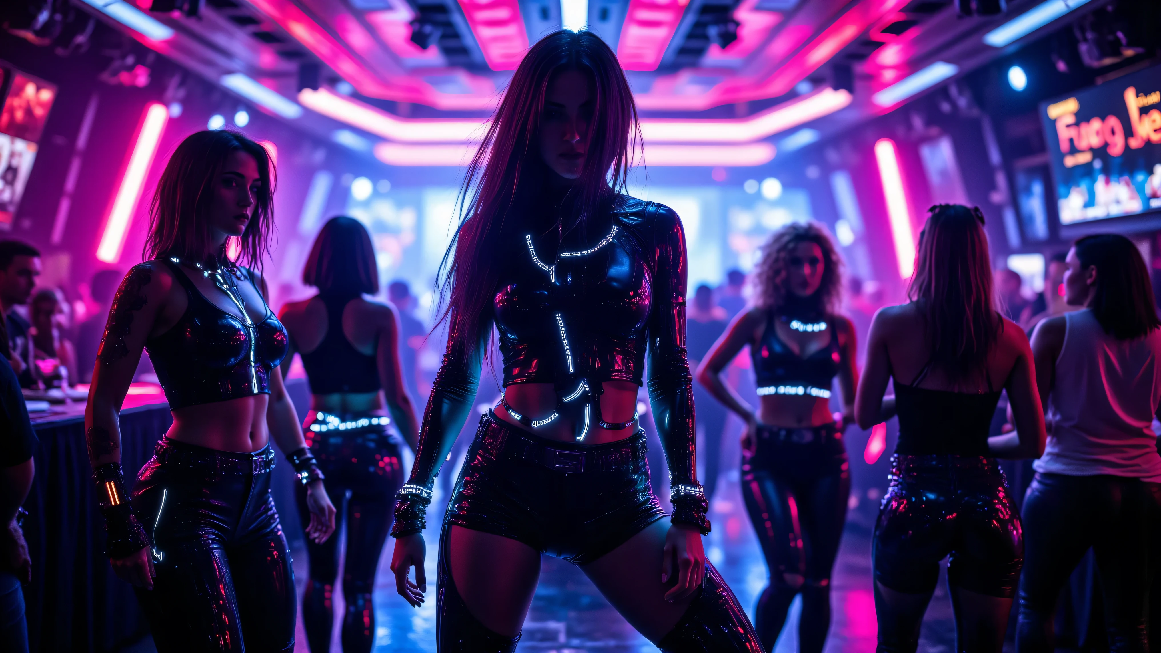 woman drssed in latex leotard standing in a club at night, people dancing in the background, red neon lights, ultra detailed.