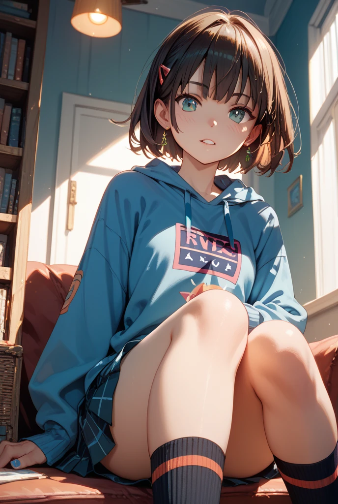 (masterpiece, Highest quality:1.2), Brown Hair,Shortcuts,Messy Hair,Slender beauty,A dignified posture,Small chest,Beautiful feet,Her captivating grey-blue eyes shine like stars,
hoodieを着て赤い椅子に座っているアニメの,Large sofa,1 person, alone,hoodie、Sitting on a blue cushion