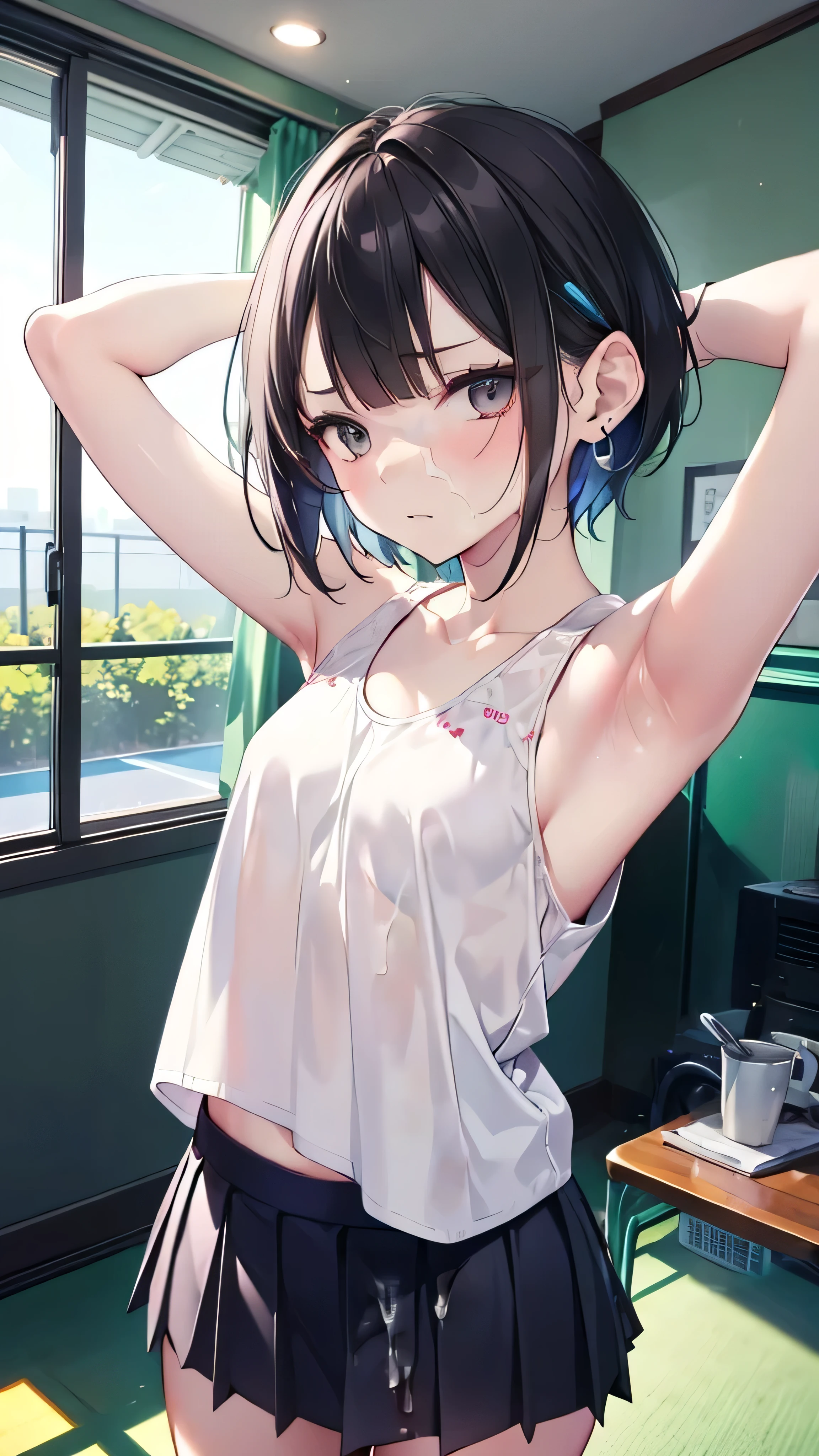 {{{masutepiece}}}, {{{Best Quality}}}, {{Ultra-detailed}},  {{extremely delicate and beautiful}},(nffsw), (Best Quality, in 8K, 32K, masutepiece, nffsw:1.2),a photo of a cute girl,10 years old female child、 of the highest quality, Best Quality, Realistic, Unity, 32k wallpapers, Official art,(childish),(child),(The best princess in the world:1.5),（）、(Uniforms with a lot of decoration:1.5),(Gorgeous headphones:1.3),(A big smile:1.3),(Sweaty skin:1.5),（Sexy body）,(Sexy body）、Black hair,(Very short hair:1.3),(On the balcony of the palace:1.3),(,(Full body:1.2),(skirt lift by yourself :1.7),(Erotic white panties:1.3),（Showing the butt）、（White lace panties）、（Panties with a small area）、(Mid summer:1.5),(Upright and back angle:1.5),(The angle from which the buttocks are visible)、childishｵﾏﾝｺ、ｵﾏﾝｺthe shape of the is clear、rather small breasts、Cute flat breasts、｛｛The shirt is sheer｝｝、｛shirt wet｝、｛Thin shirt｝、｛Thin panties｝、｛Panties are wet｝、{   Nipples visible through the shirt｝、｛Pink papillae｝、areola is large、ｵﾏﾝｺThe shape is clear、｛pointed Nipple｝、ｵﾏﾝｺThe shape of the su is clear、｛Panties that dig into the crotch｝、｛Panties that dig into the buttocks｝