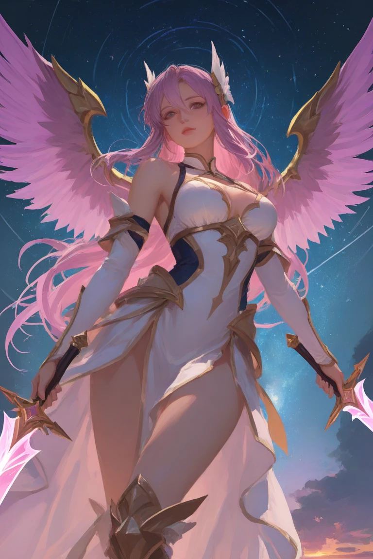 best quality, masterpiece, anime style, a beautiful woman angel,floating in the air ,lightning halo,having four beautiful white large wings ,moon, nebula, shooting stars, wearing a beautiful white dress, ultra beautiful detailed eyes, Precise iris depiction,looking at the viewer with a calm and goddess-like happiness,
,hyper detailed face, complex, perfect, model, textured, chiaroscuro, professional make-up, realistic, rough, dominating, figure in frame, Super beautiful background drawn by WLOP, cinematic lighting, stars, night, fireflies, near a lake, ethereal,