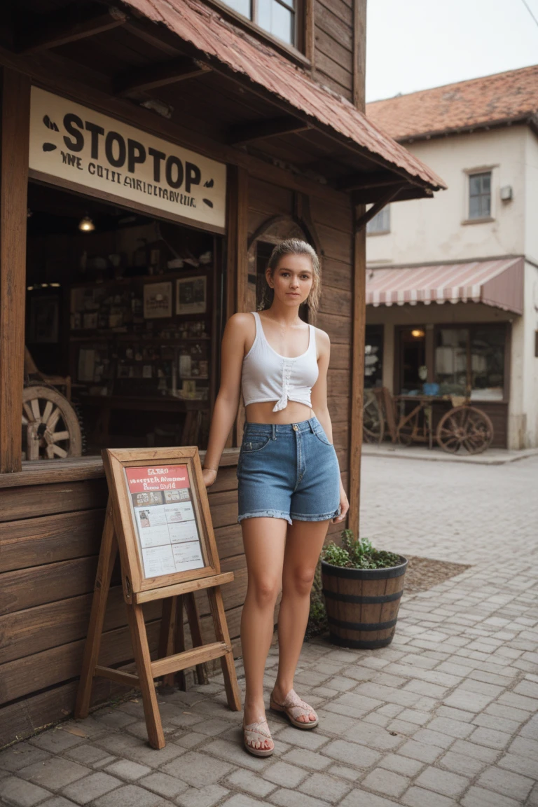 1 girl, solo, Caucasian, Old woman, mature, her name is Sophia, (mother), ((consistent face and image)), (((60 years old woman))), (((wrinkles))), ((long red hair)), ((fair skin)), ((round face)), ((short roman nose)), ((brown plump lips)), ((full body)), ((half body shot)), (((sexy and chubby body))), (((wearing shorts and blouse))), (at Portugal), smirk, ((summer season)), 
