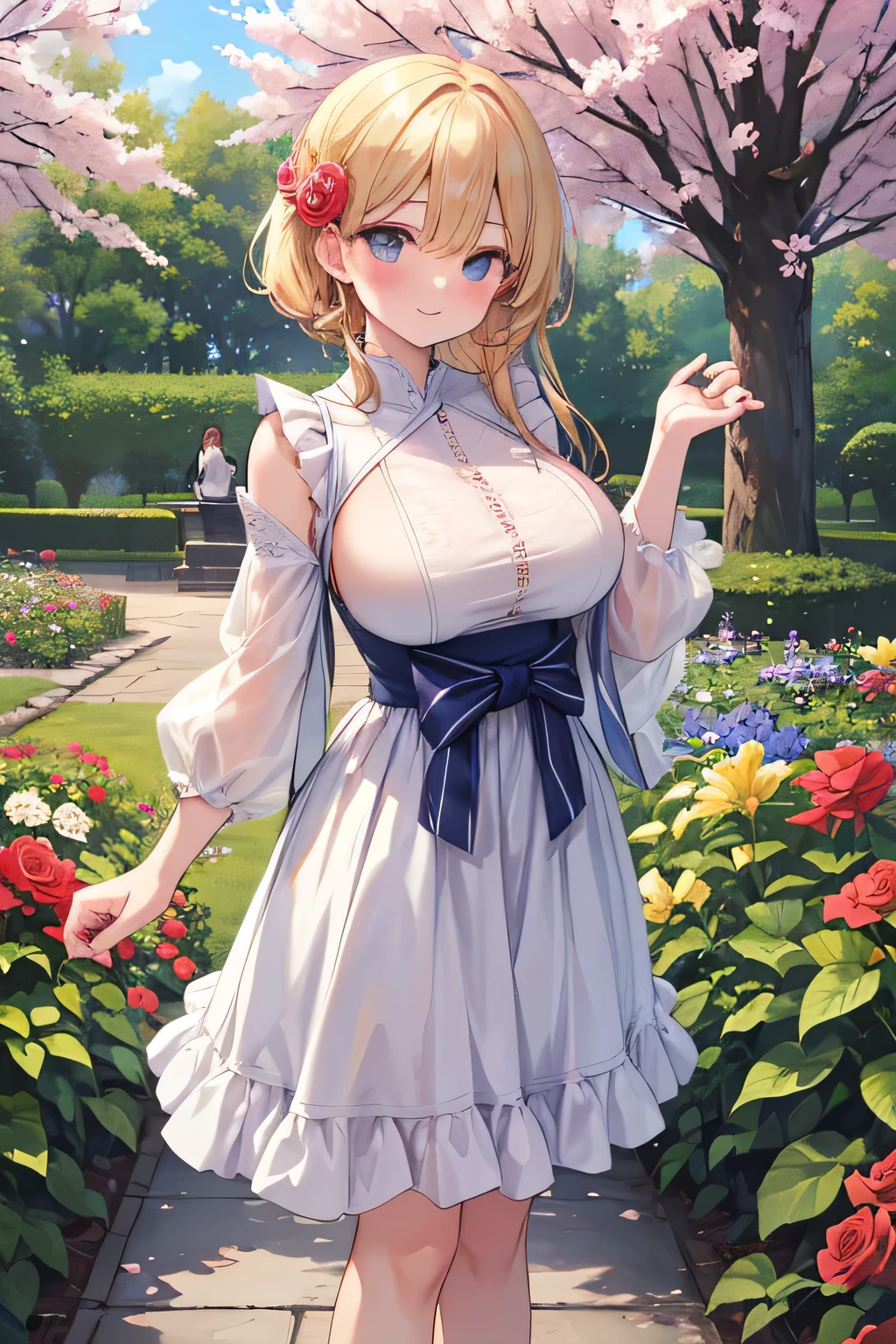 Cinderella, big , blue blouse , white skirt slit on the side , showing her thighs, deep cleavage , walking in beautiful garden