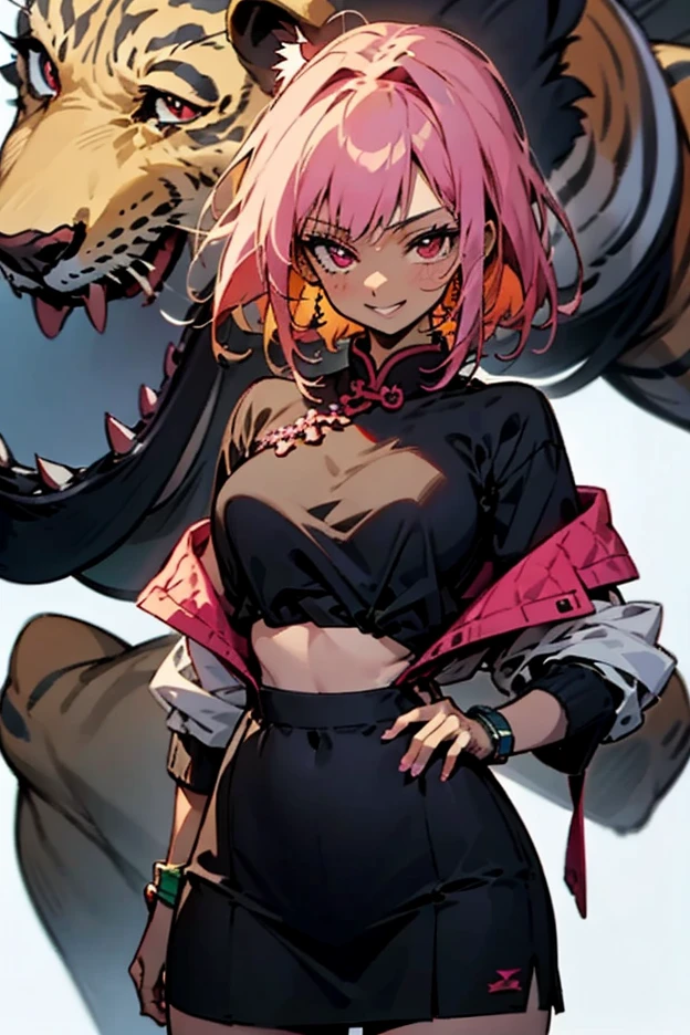 anime girl, dark skin, red eyes, pink hair, Chinese inspired clothing with tiger inspiration, all black clothes, tiger print design, tiger stripes, happy expression, official character art, detailed anime character art, trigger anime artstyle, hero 2 d fanart artstation, gyaru, Chinese gangster, anime girl, close up, psycho-pass artstyle, simple background
