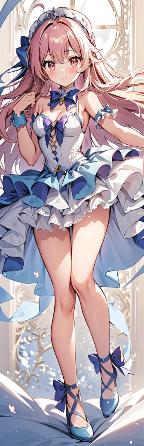 (short hair) cyan eyes, (Eyes behind long bangs) big breasts, using accessories (using socks) perfect shiny beautiful cyan shoes (Wearing luxurious palace maid clothes Perfect perfect noble) Pose facing sideways (Girl1, straight hair not too long, bangs covering one eye, soft face, gentle smile) ((Standing position with long legs, bare thighs, image position visible from bottom of feet to top of head) SHORT blue hair, beautiful cyan eyes (Free pose, right hand down, left hand down, ((Free pose))smile kawai, (blank white background) Wearing a blue corset, (Using a beautiful bright blue ribbon) Kawai shy cute eyes (cyan colored shoes must be shiny, Must wear short white socks) ((short skirt)) short sleeves (image according to tag)
