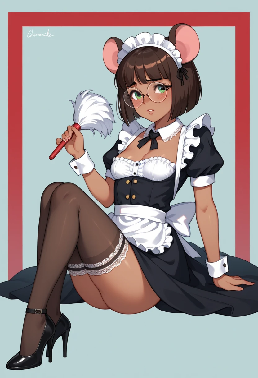 Aunt Cass from the movie "Big hero 6", maid clothes, with strap, annoyed, White thigh high stockings, garter belt in each stocking, flushed. black shoes.