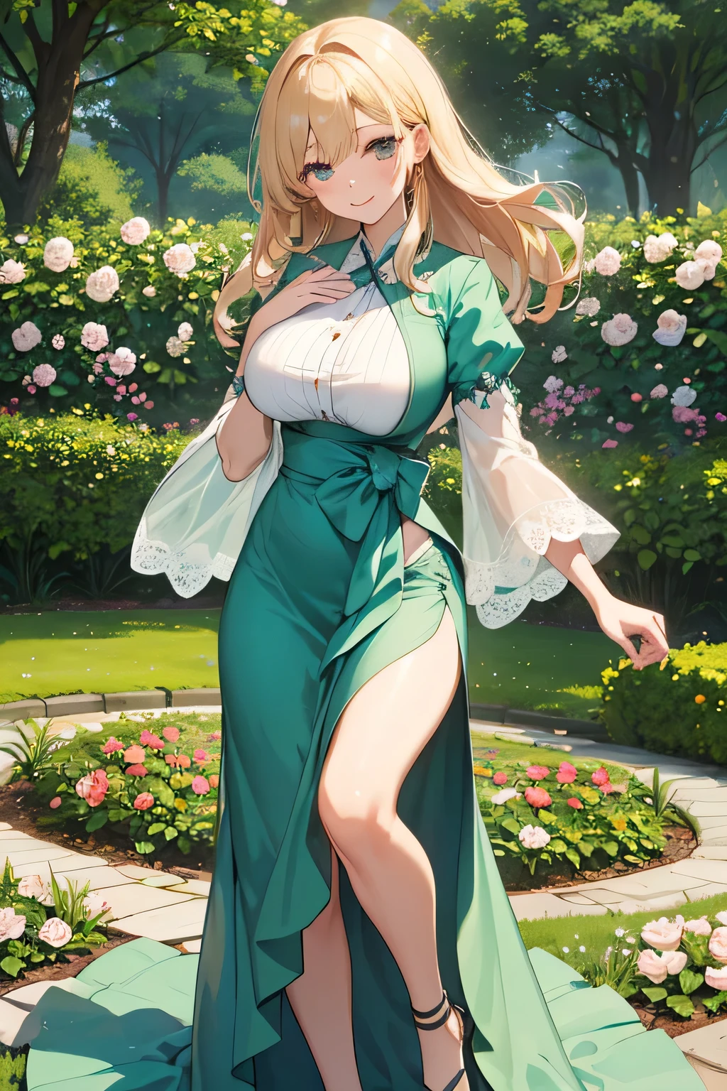 Highest Quality、high resolution、(high image quality:1.4)、masterpiece、detailed background、(very detailed face:1.4)、(detailed eyes:1.4)、age beauty、(huge breasts:1.3)、Anatomically Correct、perfect body line、Loosely rolled half-up、Sunny Afternoon、Large rose garden with roses in full bloom、バラのアーチの下でsmileを見せている、blue sky and green trees in the background々、cobblestone path to feet、 pretty atmosphere 、smile、
(Of spring Two women enjoying the rose garden:1.5)、
white lace blouse with a transparent design on the sleeves、pink mid-length tulle skirt、Light blue or lavender floral dress with waist ribbon、Light beige or mint green puff sleeve cotton blouse、 floral flared skirt、
Jindai Botanical Gardens、Approximately 400 varieties、5,It's the largest rose garden in Tokyo where over 000 roses are in full bloom、Old Furukawa Gardens、Western-style and rose garden、You can enjoy about 90 varieties of roses in a beautiful garden where Japanese gardens are in harmony、The atmosphere that makes you feel Taisho romance is attractive、Keisei Rose Garden、about 1,600 varieties、10,It's one of the Kanto rose gardens where 000 roses are in full bloom、Yokohama English Garden、about 2,A garden where you can enjoy 200 varieties of roses and features an English-style design、seasonal flowers that are in full bloom々add color、very beautiful