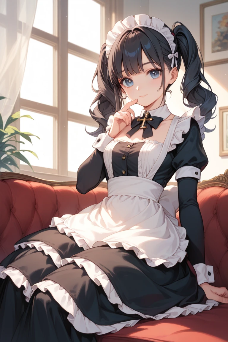 (masterpiece, best quality), 1girl, Navy blue Long Layered Hair, Size H breasts, <lora:Black_Maid_By_Stable_Yogi:0.8> maid dress, long sleeves, black leggings, black boots, lace trim, maid headdress