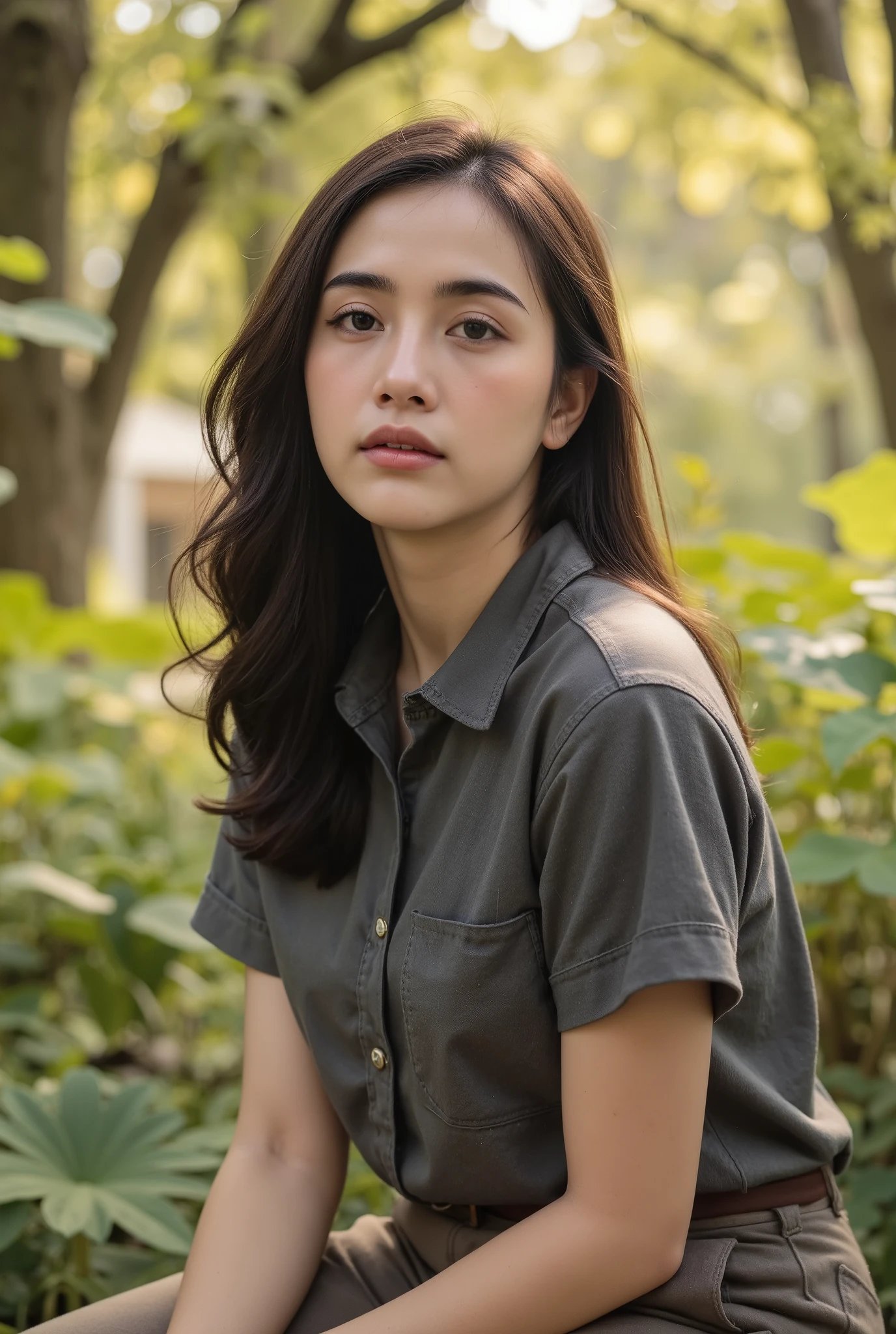 In the sunny forest、There is a young woman with a beautiful face and curly black hair、and big blue eyes。, An attractive face and a thoughtful and careful look , full body, wearing a simple gray shirt and old fashioned pants