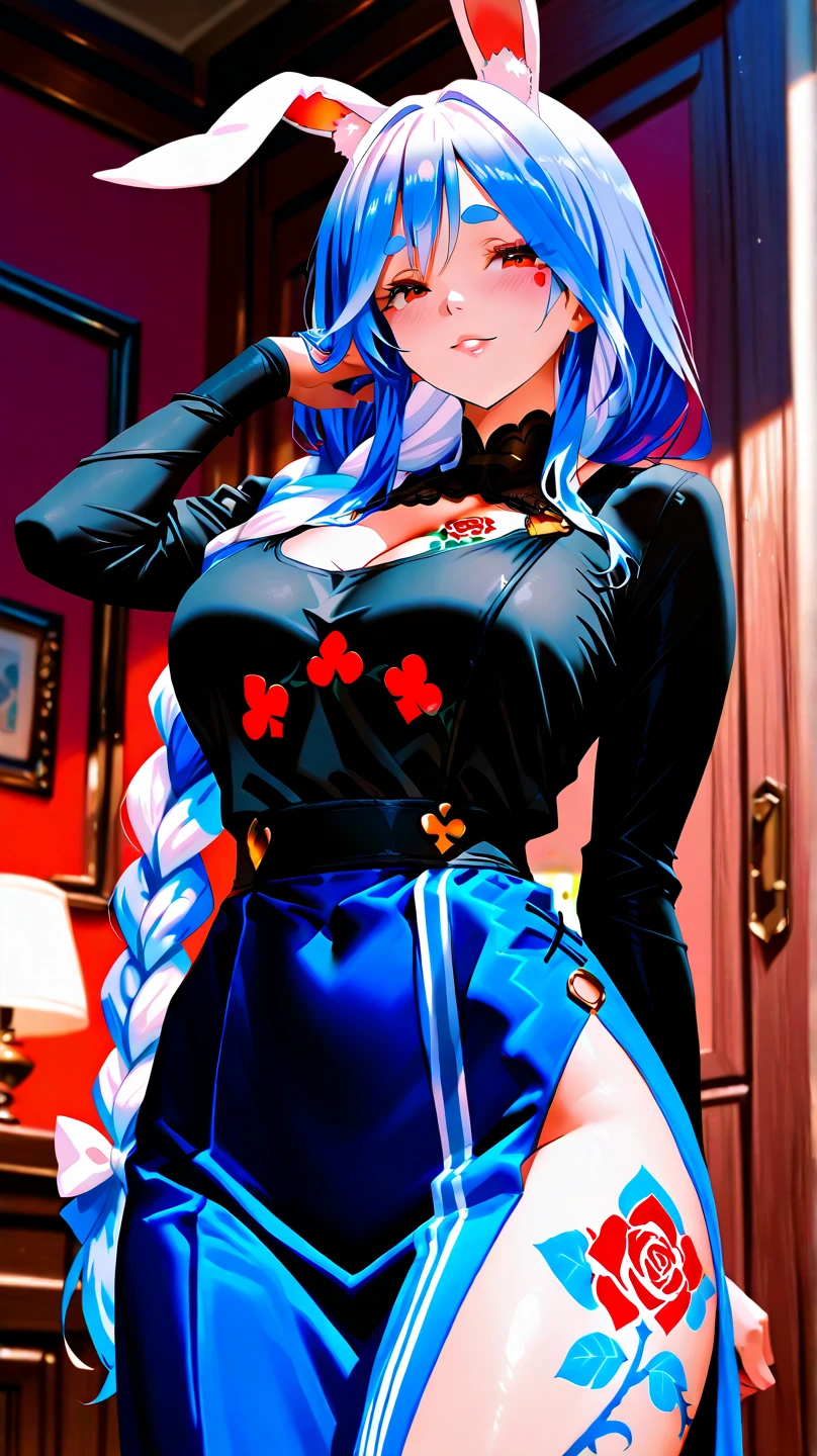 woman wearing sleefest with Red heart pattern with mini skirt bottom. matching stockings with Navy blue stripes, turtleneck, , closeup,
 solo, long hair, looking at viewer, split-color hair,  sexy smile,
([Rose( :0)Byrne|darcie dolce|Charlize( :0)Theron]:0.85), hands behind back,
Rainforest canopy and birds-eye view at background,
BREAK
score_9, score_8_up, score_7_up, score_6_up  
<lora:holiday_outfit_sleefest_pony:0.55>
<lora:xvision_style:0.20> xvision style,
