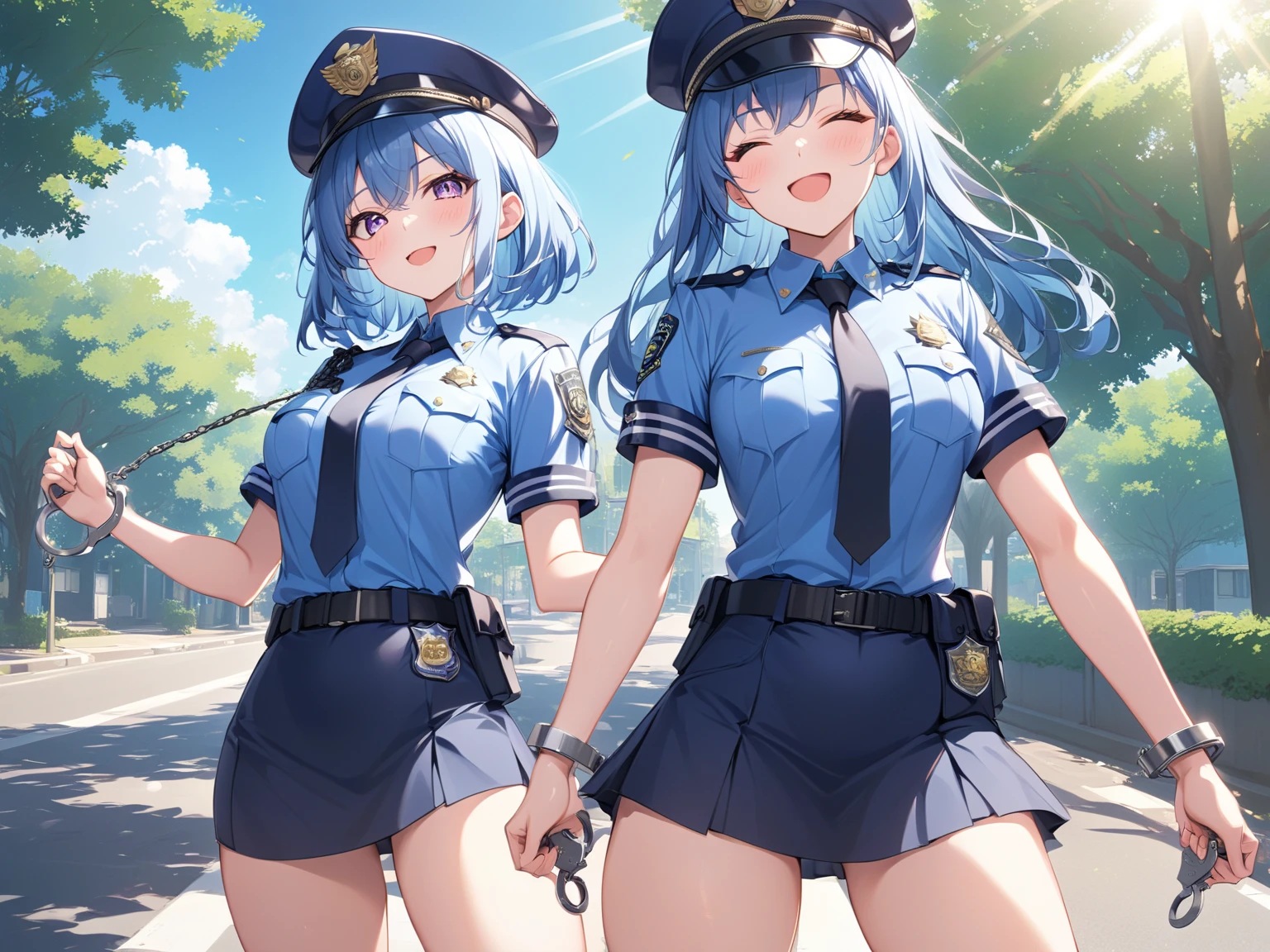 （8K ，Ultra-detailed，Super real photos，Best masterpiece，Nature，perfect work of art，perfect female body），two women，Sister and sister， sisters，rainbow hair，perfect face，（huge tits），neighbor wife，woman hairstyle，elegant wife，At the police station，Exquisite and ，wearing police officer uniform，police uniform，super short thong，穿着低胸露肩police uniform，T-shaped small，huge  big，naked leg，full body shot，elastic muscles，raised raised raised，Obscenity exposed
