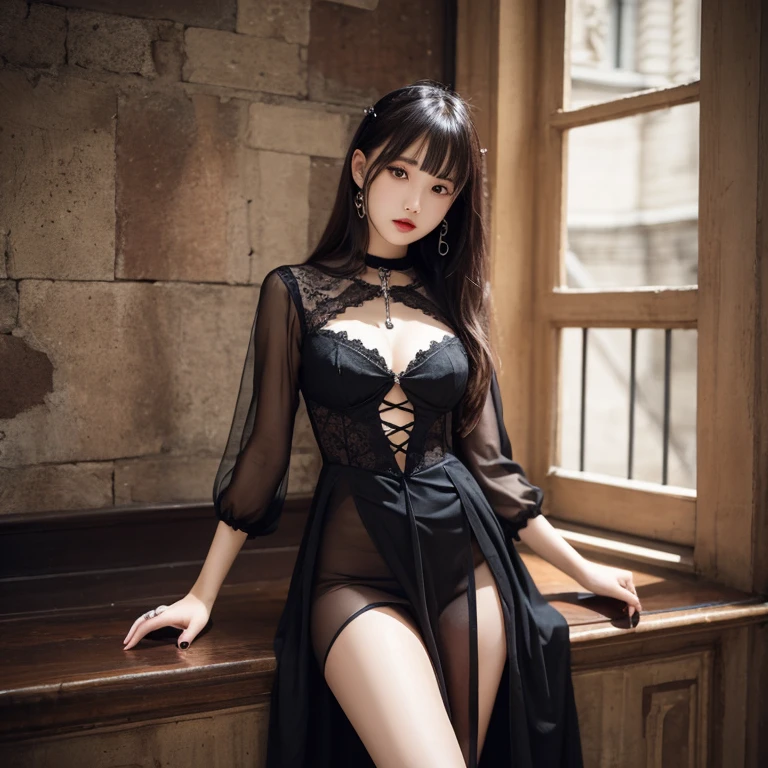 highest quality, masterpiece, Ultra-high resolution, (Reality: 1.9), (((Absolute full-length image,Front view))),Japan Maiden 、 ((Ultra-Realistic Details)) 、 Portrait 、 Global Illumination 、 Shadow 、 Octane Rendering 、 In 8K 、 Ultra Sharp 、 ( Crimson leather corset and panties、garter belt)、 ((Bondage meets goth)) 、Intricate decorative details 、 Cool colors 、 Very intricate detail 、 Realistic Light 、 CG Trends、Sparkling Eyes、Facing the camera、Small breasts、Full body upright pose、The background is the cathedral