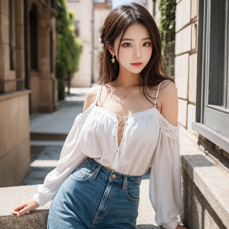 1girl, solo, facing viewer, smile, brown hair, long hair, ((best quality, 8k, masterpiece: 1.3)), highly detailed face and skin texture, detailed eyes, detailed face, bare shoulder, white top, denim shorts, medium breasts, bedroom, daytime, luxury decoration, extremely detailed, high resolution, 8k, medium breast, cleavage: 1.2, cowboy shot, standing