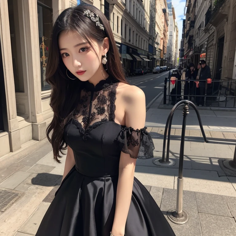 Ultra-detailed、Fascinating beauty、Dainty woman、Cool Girl、Wavy Hair、Black chiffon dress、Wide sleeves、flered skirt、Evil Female Executive、Evil Fall、brainwash、lacy fabric、Glossy legs、lipsticks、Evil look、Suspicious look、Hollow eyes、wicked、Reaching out、Over Head Shot、selfy、stand up、Two people