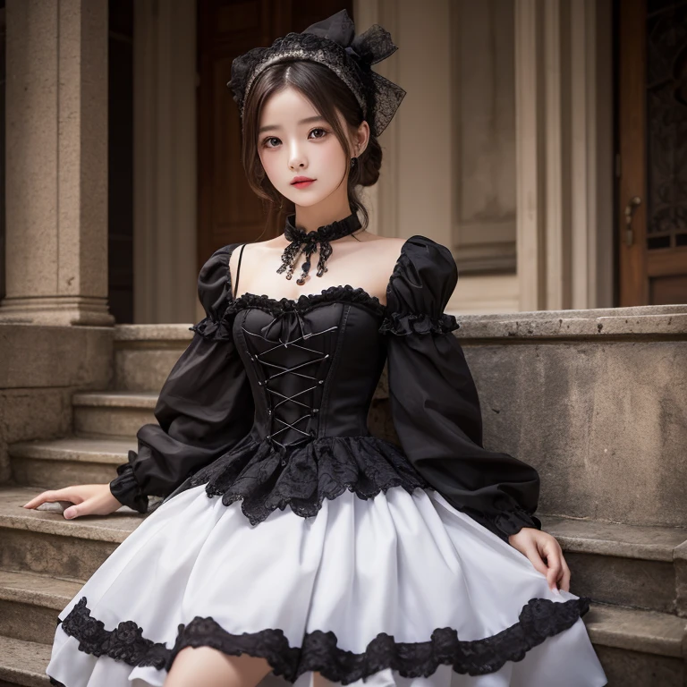 kawaii petit child childish innocent ankle-biter 1girl 28yo, star-shaped pupils small_star symbol in the pupils and iris, ((skindantation)) ((flat chest)) +++, extremely detailed character, (an extremely delicate and beautiful), solo focus, straight-on, dramatic angle, depthoffield, (expressionless languorous cute, beautiful detailed eyes lower eyelashes eyelashes, intricate:1.3 ((Gothic Lolita)) ((Frilled)) dress,skirt, Headdress, bowknot, (((hair ornament))), hair flower, eyeliner skindantation black fishnet_pantyhose, garter straps, Lace, cross-laced footwear, frilled blouse ribbon-trimmed sleeves), bloomers [background(building architecture, stained glass ((gothic architecture)) church, (castle), [fantasy])] stained glass candlestick chain iron prison, St. Peter's Basilica, vachican, portrait , +++ 
blue eyes, 
deep amber hair, 
short hair , 
twin ponytails, 
streaked hair , 
blunt bangs, 
sideburns , 
kind smile, 
nose blush , 
head_tilt standing  
+++, +++ extremely quality extremely detailed deep-silky-healthy-lackwarm-foundational-soft-skin high resolution, contrapposto glow shine like opal magnificent photo realistic ray trace depth of field hiqcgbody ++ Faint lips,UC:realistic, cinematic lighting cinematic angle Girl at the front dynamic pose