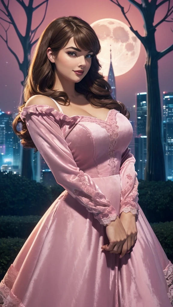 DisneyAurora 27 years old, ((( Taylor Swift:Emma Stone:0.7))) Beautiful woman (((shoulder length wavy light brown hair))) (bangs:1.2) (sparkling magenta dress, long skirt) iridescent clothing (purple eyes) defined body, Red lipstick, smiling, hands free, standing, high tech cyberpunk city rooftop, night, (huge_breasts:1.4) (curvy:1.3)(chubby:1.3)