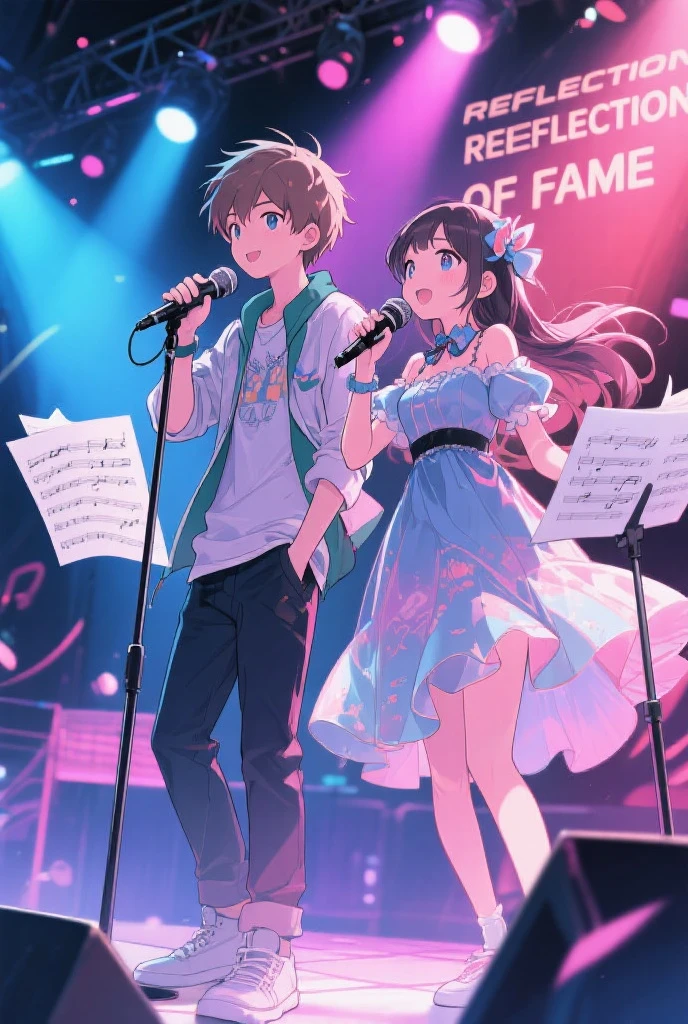 A man and a woman singing together with a microphone。Two people standing back to back